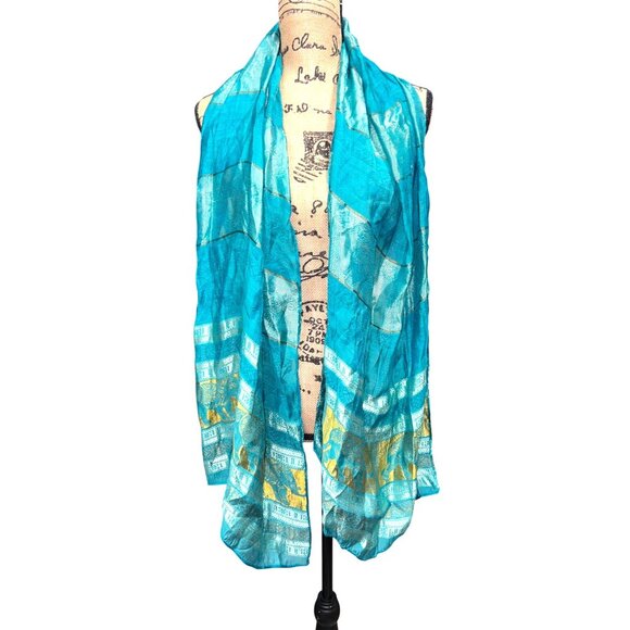 Turquoise & Gold Silk Elephant Print Scarf/Shawl 40.5”x 20.5”  Water Scent - Picture 1 of 5